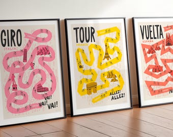 Set of 3 Grand Tours Cycling Prints, Tour Giro Vuelta, Retro Cycling Wall Art, Bike Lover Present, Cyclist Gift