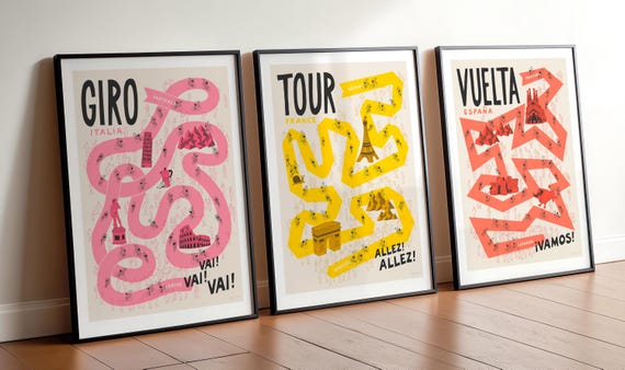 Set of 3 Grand Tours Cycling Prints, Tour Giro Vuelta, Retro Cycling Wall Art, Bike Lover Present, Cyclist Gift