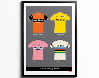 Eddy Merckx wielerposter, klassieke vintage retro jerseys, wielerkunstprint, cadeau voor fietser