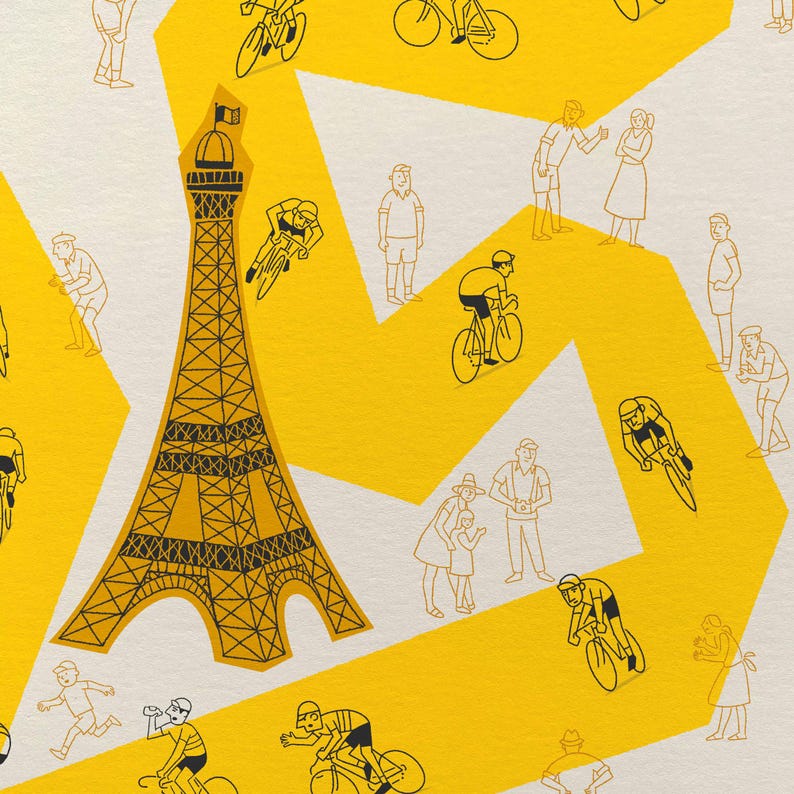 Close up detail shot of Tour Grand Tour cycling poster featuring a yellow winding race path on a neutral background, including fun illustrations of riders, spectators and the Eiffel Tower.