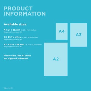 May include: A teal informational graphic displaying available print sizes. Text lists A4 as 21 x 29.7cm (8.26 x 11.69 inches), A3 as 29.7 x 42cm (11.69 x 16.53 inches), and A2 as 42 x 59.4cm (16.53 x 23.38 inches). Prints are supplied unframed.