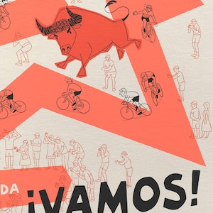 Close up detail shot of the Vuelta Grand Tour cycling poster featuring a red winding race path on a neutral background, including fun illustrations of riders, spectators, a rampaging bull and the phrase Vamos! which is a typical Spanish word of encouragement.