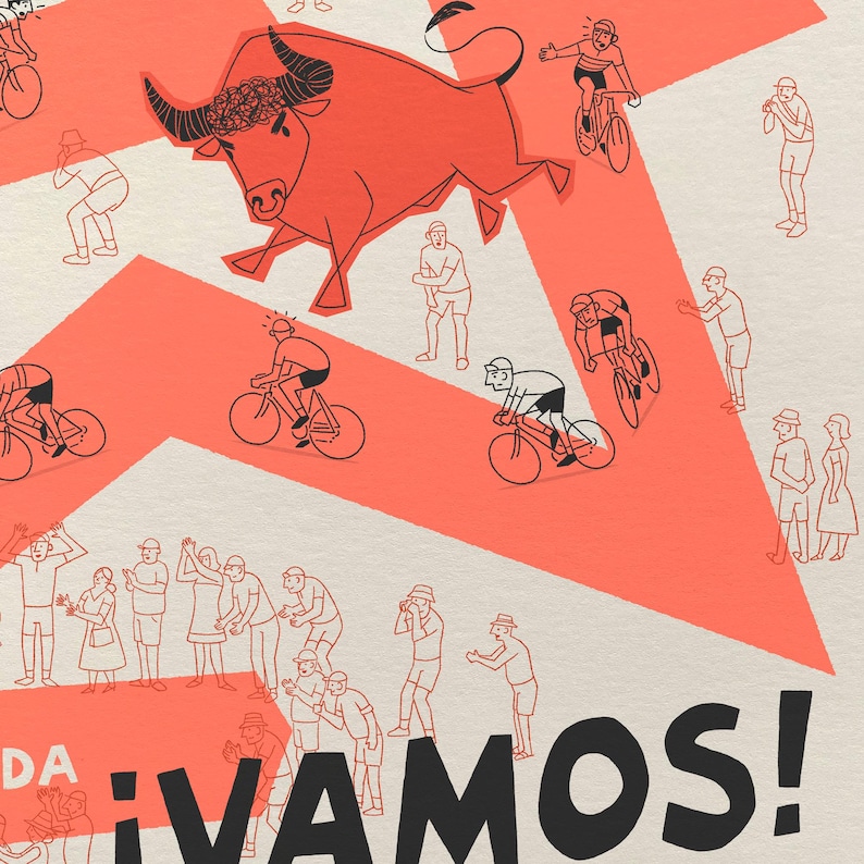 Close up detail shot of the Vuelta Grand Tour cycling poster featuring a red winding race path on a neutral background, including fun illustrations of riders, spectators, a rampaging bull and the phrase Vamos! which is a typical Spanish word of encouragement.