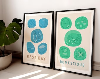 Fietsvoorwaarden Set van twee prenten, illustratieve fietskunst aan de muur, retro fietsposters, cadeau-idee voor fietsfan, cadeau voor fietsliefhebber