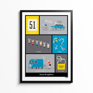 Blue French Cycling Terms Art Print, Series 1, Mid Century Modern, Fun Illustrated Bicycle Poster