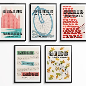 Monuments Cycling Prints, Set of 5 Cycling Posters, Milan-San Remo, Tour of Flanders, Paris-Roubaix, Liège-Bastogne-Liège & Lombardia