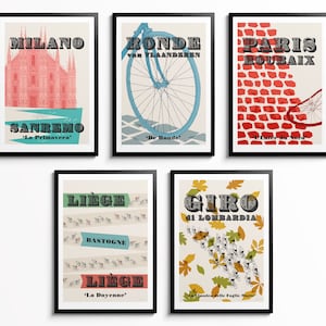 Monuments Cycling Prints, Set of 5 Cycling Posters, Milan-San Remo, Tour of Flanders, Paris-Roubaix, Liège-Bastogne-Liège and Il Lombardia