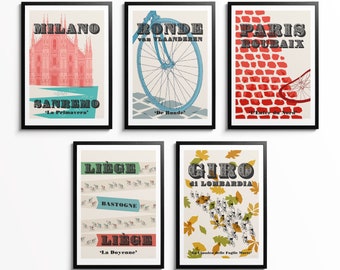 Monuments Cycling Prints, Set of 5 Cycling Posters, Milan-San Remo, Tour of Flanders, Paris-Roubaix, Liège-Bastogne-Liège and Il Lombardia