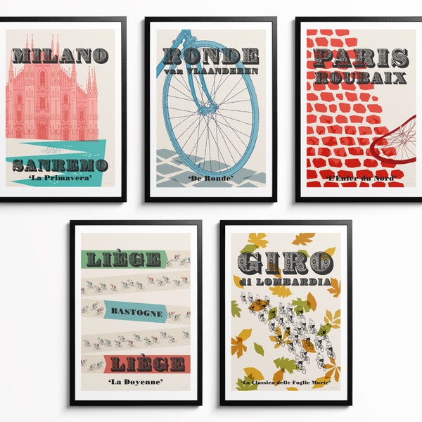 Monuments Cycling Prints, Set of 5 Cycling Posters, Milan-San Remo, Tour of Flanders, Paris-Roubaix, Liège-Bastogne-Liège and Il Lombardia