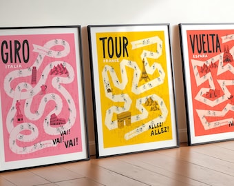 Set of Three Cycling Grand Tours Art Posters - Tour Giro Vuelta, Fun Illustration, Wall Art For Cyclist, Bike Lover Gift