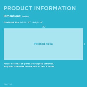 Op de afbeelding: Een productinformatiegrafiek op een groenblauwe achtergrond met een lichtblauw rechthoek met het label Printed Area. De tekst geeft afmetingen aan van 20 inch bij 8 inch. Er wordt vermeld dat alle prints zonder lijst worden geleverd en een lijst van 20 bij 8 inch vereisen.