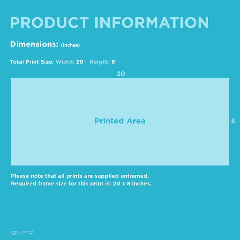 Op de afbeelding: Een productinformatiegrafiek op een groenblauwe achtergrond met een lichtblauw rechthoek met het label Printed Area. De tekst geeft afmetingen aan van 20 inch bij 8 inch. Er wordt vermeld dat alle prints zonder lijst worden geleverd en een lijst van 20 bij 8 inch vereisen.
