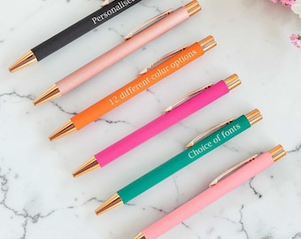 Personalised Soft Touch Pens with Rose Gold Trim, 12 Colours, Velvet Pouch included.