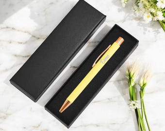 Personalised Soft Touch Yellow Pen with Rose Gold Trim - Various Gift Box Options.
