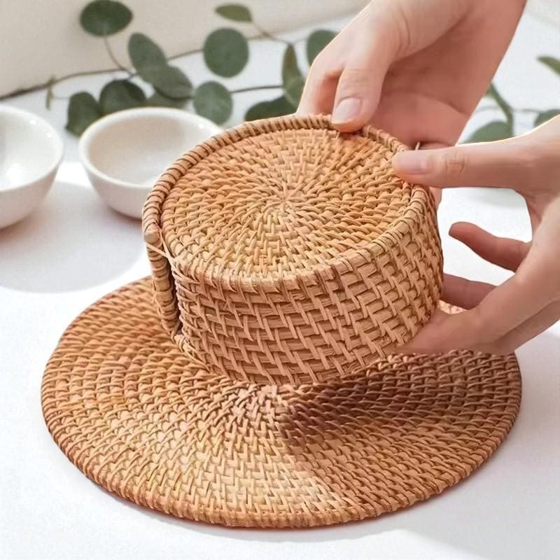 Set di 6 sottobicchieri in rattan intrecciato con supporto, tovaglietta tovaglietta da caffè, tazza da tè, sottobicchiere, ciotola, accessori da cucina (colore: set da 18 cm, dimensioni: rotondo