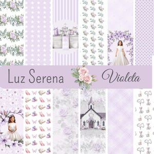 Puede incluir: Una colección de papeles digitales para álbumes de recortes con varios patrones y diseños, predominantemente en tonos lavanda y blanco. Los diseños incluyen arreglos florales, estrellas, rayas e imágenes de niños con vestidos blancos. Se muestra el texto "Luz Serena Violeta".