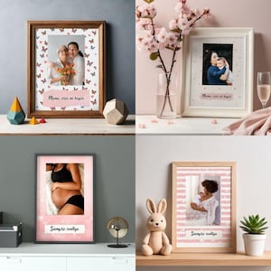 Puede incluir: Cuatro fotos enmarcadas con retratos familiares. Los marcos son de varios colores y estilos, incluyendo madera y blanco. Cada foto tiene un borde rosa con texto. Un marco tiene un patrón de mariposas. Las fotos representan a madres e hijos.