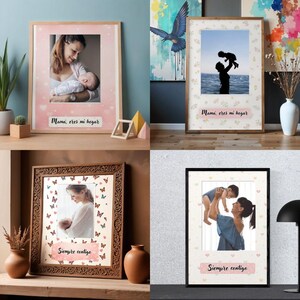 May include: Four framed photos with family portraits. Two frames have the text "Mama, eres mi hogar" and two have "Siempre contigo". The frames are in various styles, including a light wood, a dark wood with butterfly accents, and a black frame.