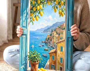 Italian Coastal Wall Art, Mediterranean Window Canvas
