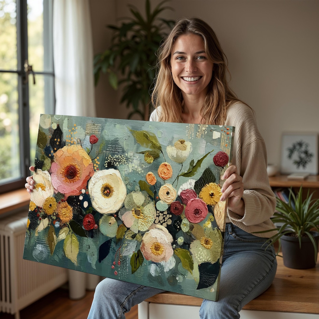 Abstract Flower Art Print, Long Floral Landscape Wall Decor on Canvas ...