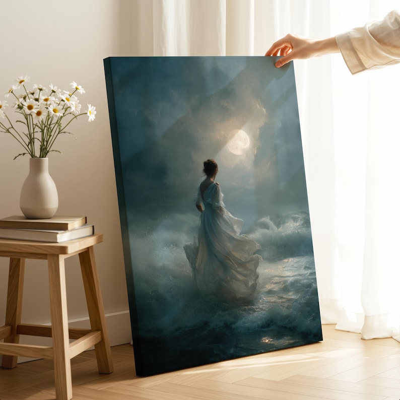 Moonlit Ocean Canvas Print, Dreamy Seascape Wall Art, Ethereal Coastal Decor