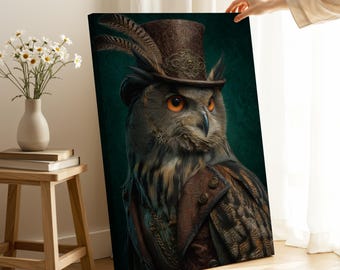 Steampunk Owl Canvas Print, Vintage Animal Wall Art, Victorian Home Decor