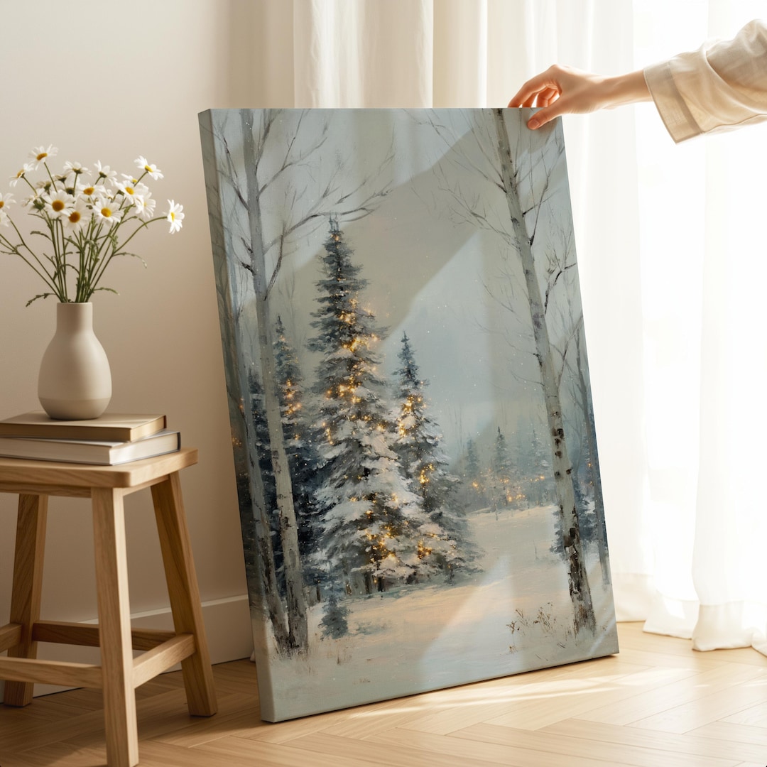 Winter Forest Canvas Wall Art, Snowy Pine Trees With Christmas Lights ...