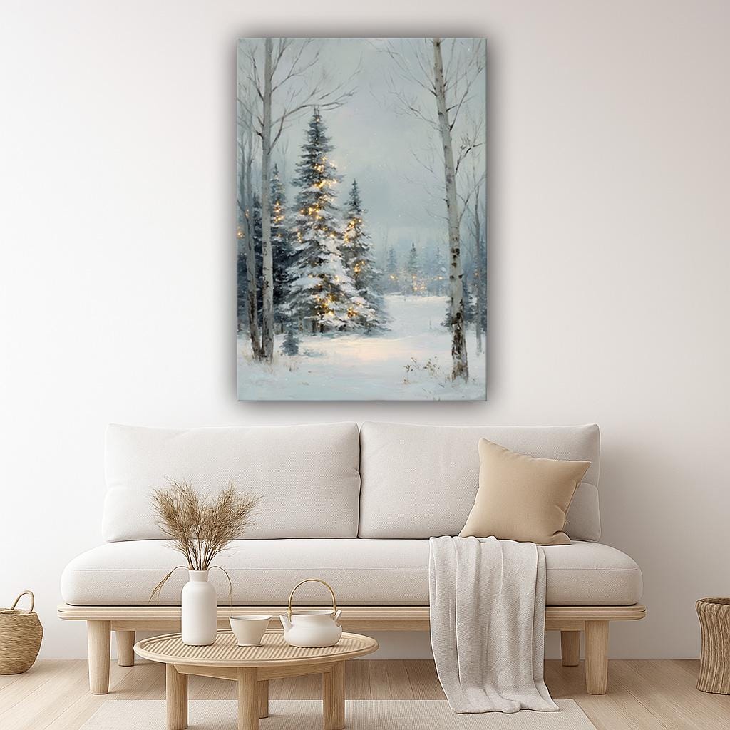 Winter Forest Canvas Wall Art, Snowy Pine Trees With Christmas Lights ...