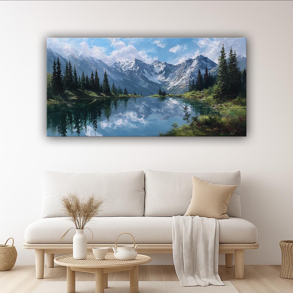 Mountain Lake Framed Canvas Art, Reflected Nature Landscape Wall Art ...