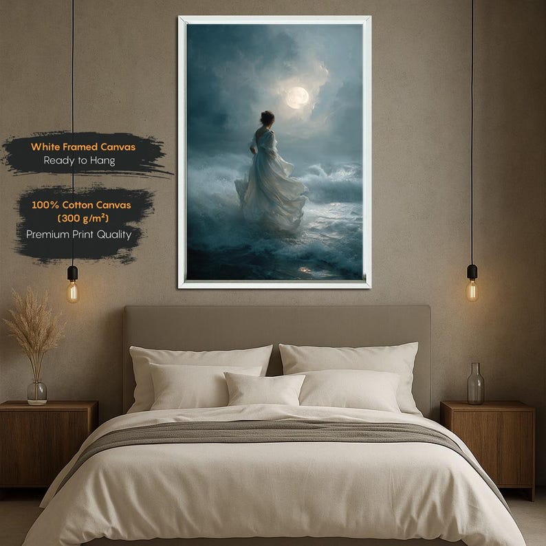 Op de afbeelding: Een ingelijste canvasprint toont een vrouw in een witte jurk te midden van stormachtige oceaangolven onder een maanverlichte hemel. Het kunstwerk is wit omlijst en bevat tekst: "White Framed Canvas Ready to Hang" en "100% Cotton Canvas (300 g/m&sup2;) Premium Print Quality."