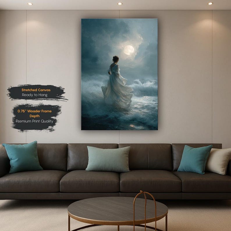 Op de afbeelding: Een canvas print toont een vrouw in een witte jurk in woelig water onder een volle maan. Het kunstwerk is ingelijst en klaar om op te hangen, met een houten frame van 1,9 cm en premium printkwaliteit.