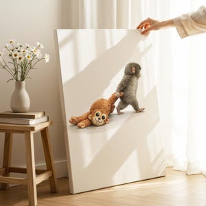 Punch monkey wall art canvas print featuring playful modern cartoon monkey in bold colors, quirky contemporary animal decor on high quality stretched canvas, fun pop art style wall art perfect for living room, kids room, playroom or office, unique gift idea for animal lovers and art collectors