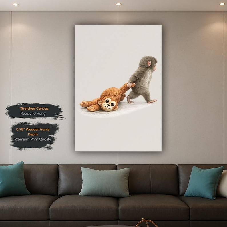 May include: A canvas print showing a baby monkey pulling a stuffed monkey. The baby monkey is grey and brown, and the stuffed monkey is brown. The canvas is stretched and ready to hang.