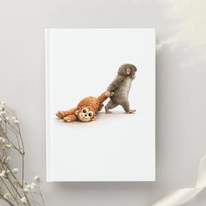 May include: A white notebook featuring a charming illustration of a baby monkey dragging a plush monkey toy. The baby monkey is grey and brown, and the toy is brown with a smiling face. The image is set against a soft, neutral background.