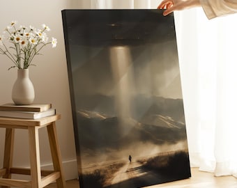 Alien Abduction Canvas Print, Retro Sci Fi UFO Landscape Wall Art
