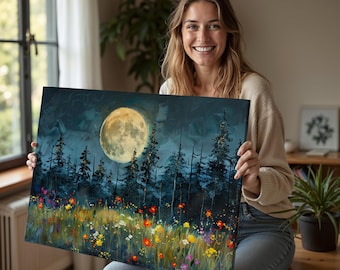 Full Moon Forest Canvas, Night Landscape Wall Art