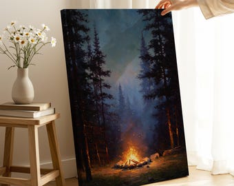Campfire Wall Art – Rustic Forest Canvas Print Cabin Decor Nature Painting