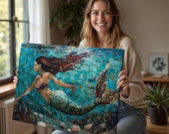 Mermaid Mosaic Canvas Wall Art, Coastal Decor