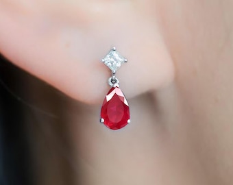 Ruby Red CZ Teardrop Earrings | Silver Stud Bridal Jewelry