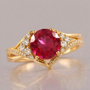 Könnte beinhalten: Ein goldener Ring mit einem großen, runden, leuchtend roten Mittelstein. Die Ringschiene ist geteilt und mit kleinen, klaren, rund geschliffenen Steinen besetzt, die sich entlang der Seiten erstrecken und den roten Edelstein in V-Form rahmen.
