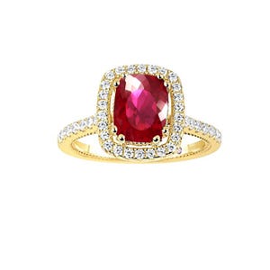 May include: A gold ring with a large, cushion-cut ruby centre stone, encircled by a halo of small, round diamonds. The band is also set with smaller diamonds, creating a sparkling effect. The ring is set against a white background.