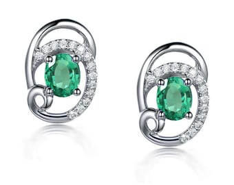 Emerald Green Sterling Silver Stud Earrings | CZ Accent