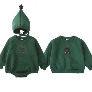 Baby Romper: Siblings matching outfit for Christmas, Green, With Christmas Tree, Brother, Sister, Baby and Toddler, Embroidery
