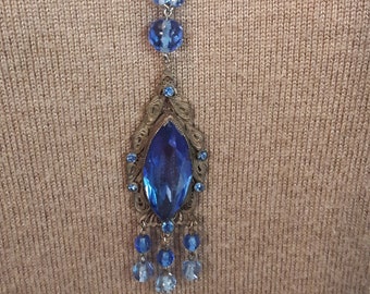 1920s Flapper Pendant Necklace Faceted Blue Glass Beads Fillagree Pendant 15.5"
