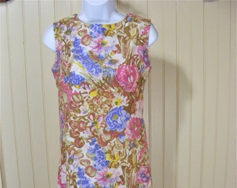 60s Sheath Dress Pink Blue Floral Tailored 1960s Vintage Clothing Small