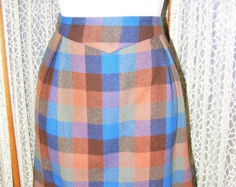 1960s Wool Plaid Skirt Blue Brown Slim Silhouette Vintage Clothing S 26" Waist