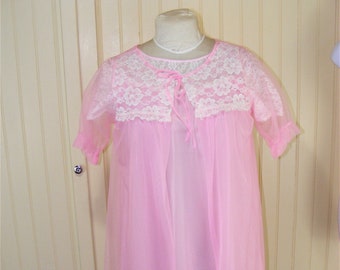 60s Peignoir Set Pink sheer Nylon 2 Pc Set Sexy Teddy Vintage Lingerie Sleepwear 40