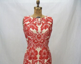 1960 Seide Shantung Wiggle Kleid Rot Weiß Bold Floral Fitted Kleid Maßgeschneiderte S Gürtel