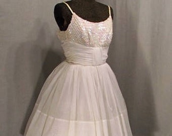 Cocktail Dress 1960s Vintage Prom Dress Sheer White Nylon Iridized Sequin Vintage Clothing XS