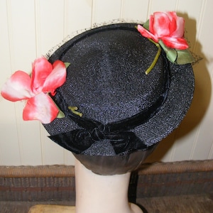 50s Hat Black Straw Flat Velvet and Roses Veiled Netting
